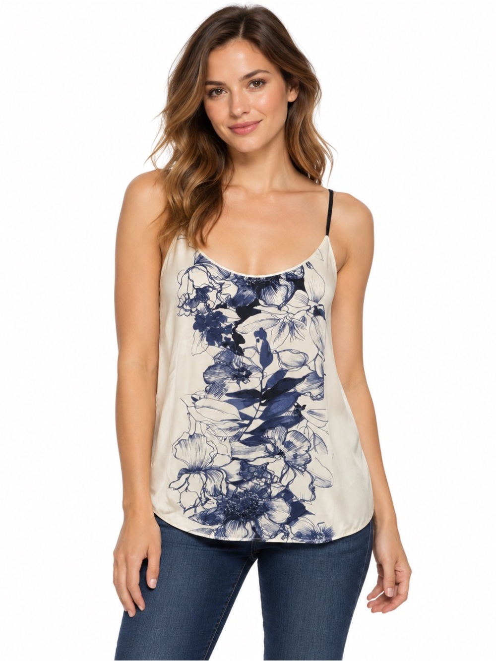 LOFT soft feminine garden party Ivory Navy Floral Print Spaghetti Strap Cami Top